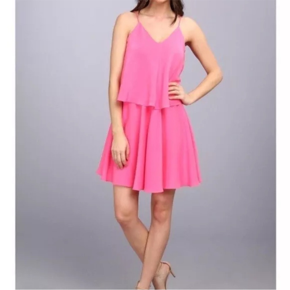 NEW Amanda Uprichard Hot Pink Silk Layered Ruffle Spaghetti Strap Dress